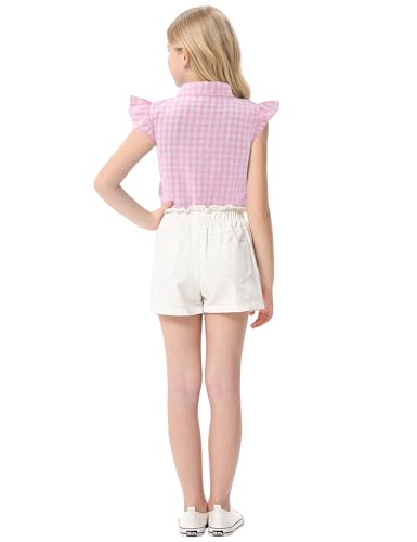Image of Girls Sleeveless Plaid Button Down Shirt Summer Crop Tops Tie Knot Ruffle Sleeve Shirt Blouse 3-12Y