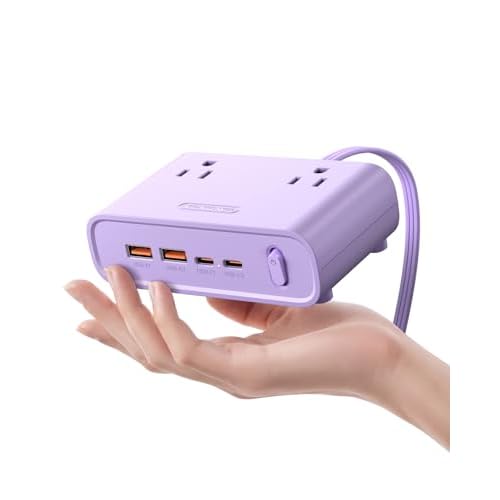 NTONPOWER Flat Plug Power Strip, Desktop Charging Station with 25W USB C Ports, Purple Extension Cord with 4 AC Outlets, 5ft Flat Extension Cord for Home Office, Dorm Room Essentials