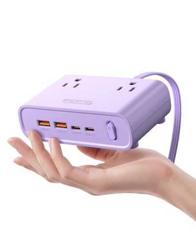 NTONPOWER Power Strip con enchufe plano, estación de carga de escritorio con puertos USB C de 25W, extensión morada con 4 tomas AC, cable plano de 1.52 m para oficina en casa y dormitorio