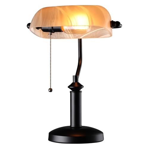 TORCHSTAR Pale Yellow Glass Bankers Desk Lamp, Antique Desk Lamps with Uniquely Textured, Traditional Library Lamp with Pull Chain, E26 Base, Desk Lamp for Office, Study Room