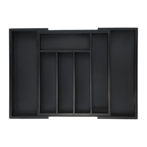 Relaxdays Cubertero Cajón Extensible, 5 a 7 Compartimentos, Organizador Cubiertos y Utensilios, Bambú y MDF, Negro, 5 x 29,5 x 33,5 cm