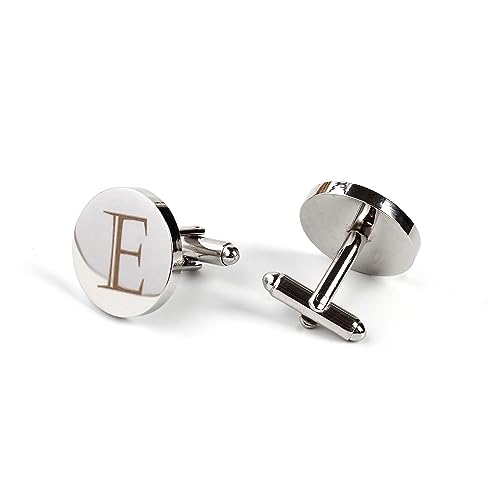 Image of Mens Initial Silver Cufflinks A-Z Alphabet Letter Steel Cuff Links with Engraved Walnut Wood Box Groom Groomsman Wedding Set