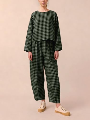 Image of Womens 2 Piece Lounge Sets Cotton Plaid Crop Top High Waisted Baggy Ankle Barrel Pants Gingham Matching Set