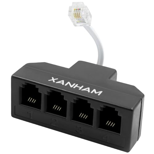 RJ11 Cable 4 Way Splitter 6P4C Connector Phone Line Cord Adapter with 3 inch Cable for Landline Telephone Wire, Black, AV01403