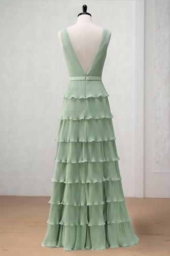 Women's Bridesmaid Dresses Long Pleated V Neck Chiffon A Line Tiered Formal Maxi Gowns 10262