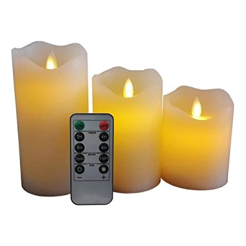 JANDEI - Flameless LED Candles Set of 3 Real Wax Pillars, Control with Timer Function, Ivory Color, Perfect for Home Decoration, Living Rooms, Bedrooms, Cemeteries, Halloween, Christmas Cover