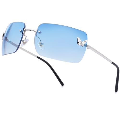 knliwkm Rimless Rectangle Y2k Sunglasses for Women Men Cute Small Frameless Blue Tinted Lens 2000S Fashion Shades with Butterfly