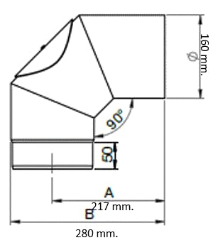 Artykuł fumisterii Linia "Drewno":krzywa 90° z inspekcją, stal lakierowana, średnica 150 mm, pomiar rozstaw osi 208 mm, pomiar całkowity wymiary 285 mm.
