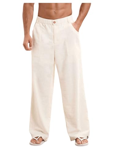 Verdusa Men's Casual Linen Pants Loose Elastic Waist Straight Leg Beach Long Pants