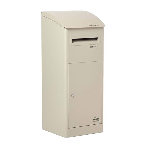 SMART PARCEL BOX Paketbox draussen, Standbriefkasten mit Paketfach, Paketbriefkasten XXL, große Postbox für Pakete Outdoor, Paketkasten mit Schrägdach rostfrei, verzinkter Stahl, 3 Schlüssel, Creme