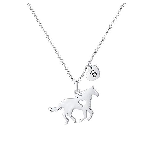 MONOOC Girls Horse Necklace, Dainty B Necklace Initial Heart Letter Necklace Stainless Steel Horse Necklaces for Girls Horse Jewelry for Little Girls Horse Alphabet Necklace Horse Gifts for Kids