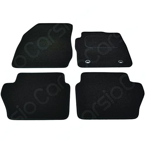 Carsio Carpet Car Mats For Ford Fiesta MK7 (2009 To 2011) 4 Piece Set with 2 Oval Clips Tailored Fit Floor Mat Complete Accessory Black Custom Fitted - All Weather Anti-Slip Backing & Black Trim
