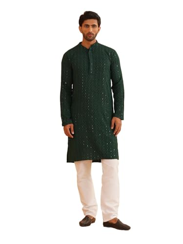 Image of SOJANYA Men's Cotton Kurta Pyjama Set | Sequinned Embroidered Traditional Outfit for Navratri, Garba & Puja