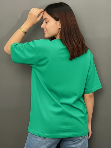 Image of LEOTUDE Half Sleeve Cottonblend Oversized Tshirt for Women, Round Neck Longline Printed Raglan Sleeve Colourblocked Drop Shoulder Baggie T-Shirt Top for Woman (Color Pink)