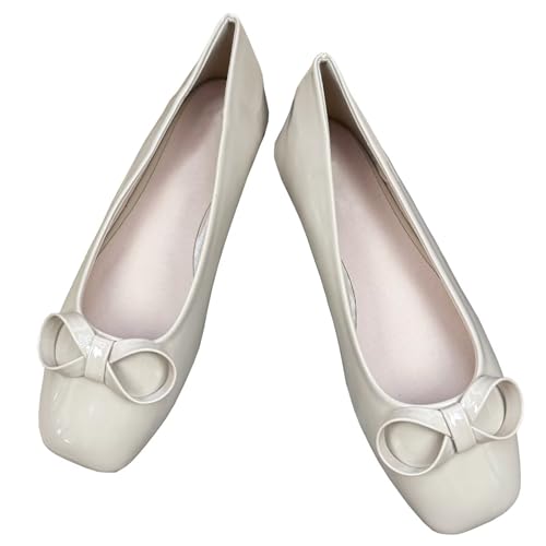Stunner Women's Ballets Flats Slip on Casual Bowtie Bowknot Ballerina Patent Leather Square Toe Dressy Flat Shoes