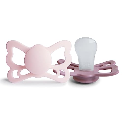 Image of FRIGG Butterfly Anatomical SilkySoft Silicone Baby Pacifier | Made in Denmark | BPA-Free (White Lilac /Twilight Mauve, 6-18 Months)