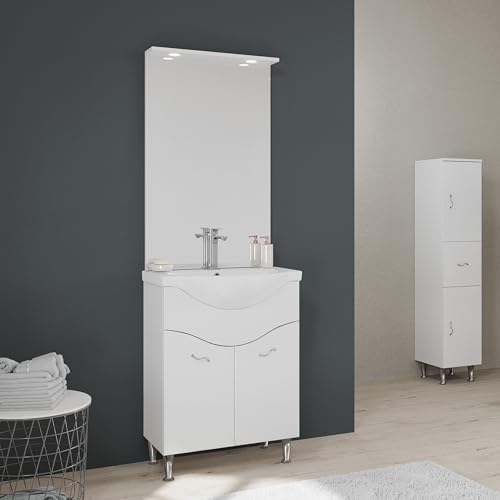 Kiamami Valentina - Mobile bagno a terra 65cm 2 ante, specchio con led bianco lucido | Easy