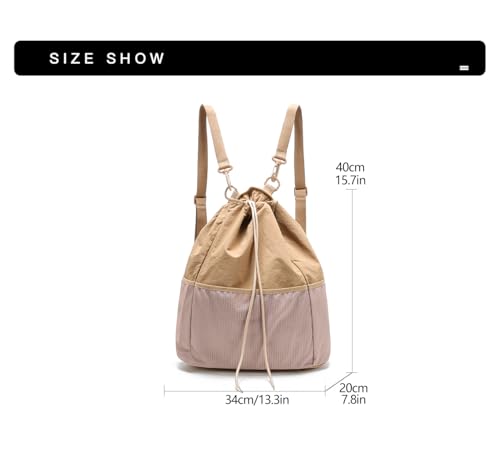 Drawstring Gym Backpack, Water-Resistant Casual Bag for Women Men, Draw String Back Bag with Multi-Pockets for Beach Swim Travel Workout, Brown4