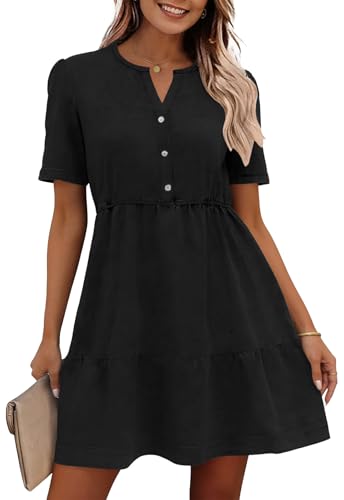 ANCAPELION Sommerkleid Damen Jeanskleid für Damen Button Down Strandkleid A-Linie Kleid Casual Minikleid Kurzarm Babydoll-Kleid Schwarz L
