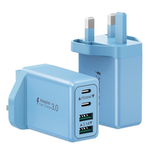 USB C Plug, 40W 4-Port USB C Fast Charger Plug UK Dual PD Power Adapter+QC Wall Plug, Multiport USB Plug Multi Type C Charging Plug for iPhone 17 16 15 14 Pro Max Plus 13 12 11,Samsung, iPad, 2-Pack