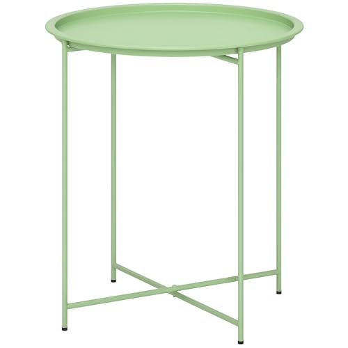 Outsunny Petite Table Basse Ronde, Table d'appoint de Jardin, Plateau Amovible avec Bord relevé, Pieds Pliables, Cadre en Acier, pour Balcon, Jardin, terrasse, Salon,...
