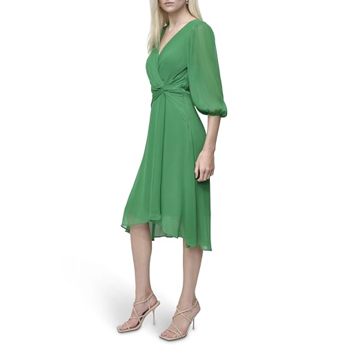 Image of DKNY Women's 3 /4 Balloon Sleeve Twist Front Chiffon Midi Dress