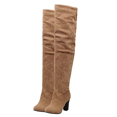 KOKOMOMO Womens Faux Suede Thigh High Heeled Round Toe Chunky Over The Knee Boots