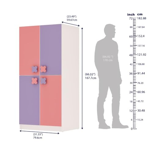 Image of Wakefit Kids Wardrobe | 1 Year Warranty |Wardrobe, Wardrobe Wooden, Almirah for Kids, Cupboard for Kids, Wardrobe for Kids, Bugs with 4 Shutter & Solid Wood Handles (Frosty White - Pink & Purple)