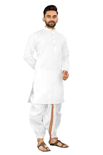Image of UNIQUE MOMENTS Men's Cotton Dhoti Kurta Set with Full Sleeves Solid Pattern Modern Style and Mandarin Collar Neck | Perfect for Puja & Celebrations