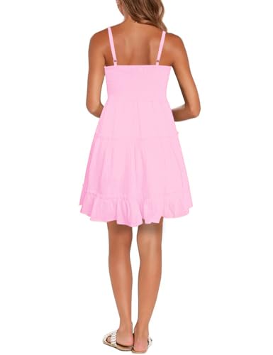 Image of FANCYINN Women Floral Casual Tiered Mini Dresses Spaghetti Strap V Neck Backless A Line Swing Short Dress with Pockets