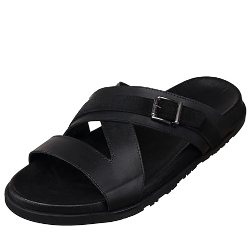DALGALA Men's Black Calfskin Big Size Wide Fit Handmade Buckle Sandals Summer Shoes