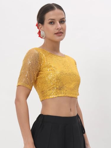 Image of studio rasa Women's Net Sequin Embroidered Sheer Sleeves Readymade Saree Blouse for Wedding Festive Party