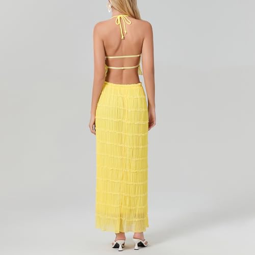 Image of Women Y2K Skirt Set Outfits Strapless Crop Top Bodycon Midi Skirt Dress Sexy 2 Piece Knit Outfits Skirt Summer