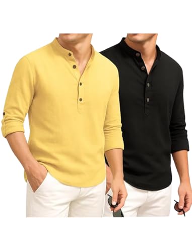 Image of DEEMOON Combo of Men's Cotton Blend Solid Regular Fit Full Sleeve Short Kurta | Men's Trendy Short Kurta Pack of 2 (Available in Plus Size & Combo Packs)