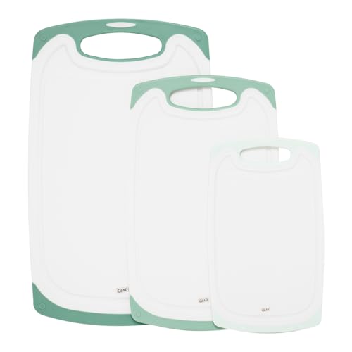 Glad Cutting Boards for Kitchen - 3pc Cutting Board Set with Juice Grooves and Non Slip Handles - Assorted Sizes for Meat, Vegetables, and Fruit - Non Porous, Dishwasher Safe, Teal Green