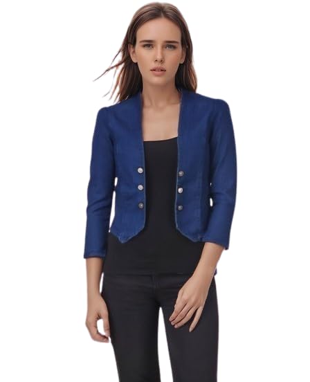 Image of Women's Blue Cropped Blazer, 3 /4 Sleeve, Button Front, Formal Jacket