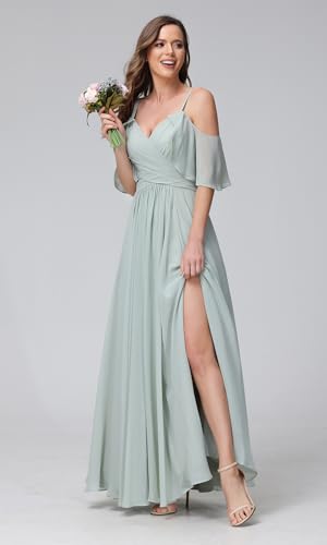 Stylefun Women's Cold Shoulder Chiffon Bridesmaids Dresses 2025 with Slit Long Formal Party Dress for Junior CYM0583