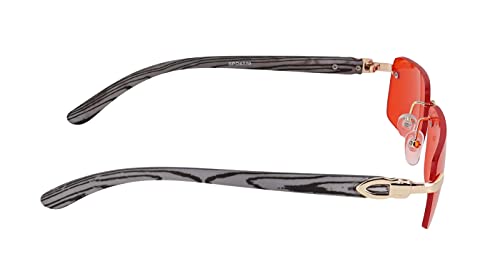 Elite Slim Rimless Rectangular Metal & Wood Art Aviator Sunglasses (Red)4