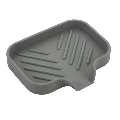 MicoYang Silicone Soap Dish with Drain Spout Self-Draining Sink Organizer Tray for Bathroom and Kitchen Sponges Dispensers and Soap Holder Non-Slip and Dishwasher Safe Grey (Compact 4.93.2)