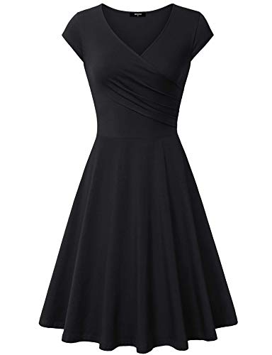 Lotusmile Fall Dresses for Women Elegant A Line Cap Sleeve V Neck Pleated Wedding Guest Casual Party Special Occasion Funeral Black Dress Large