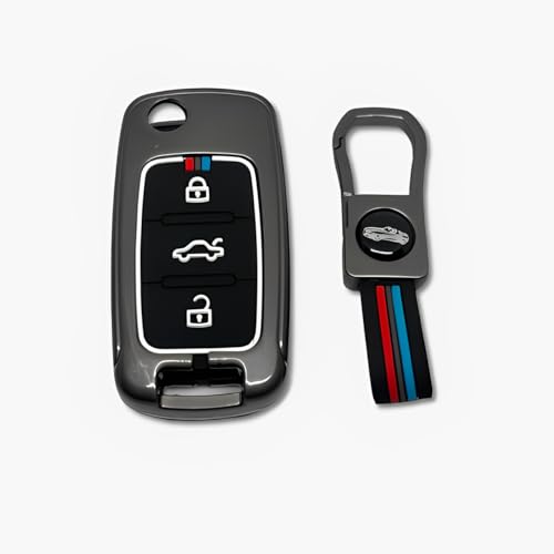 Image of BKN Luxury Metal Soft Car Key Shell with Keychain & Full Protection Key Cover Compatible with Volkswagen Polo, Vento, Jetta, Ameo, Passat and Skoda Rapid (3 Button Flip Key)
