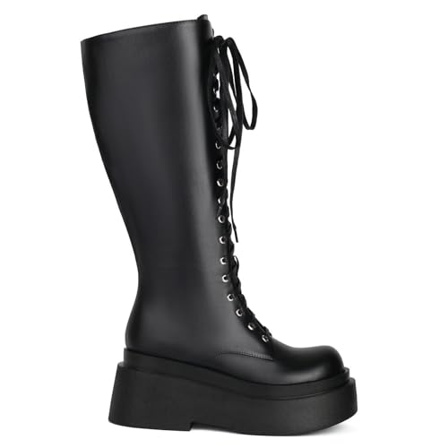 Image of Parisuit Women's Knee High Goth Platform Boots Lace Up Combat Boots