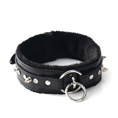 Gothic Punk Choker for Women, Handmade PU Leather Collar with Crystal Rivets Soft Inner Fur Comfortable Necklace