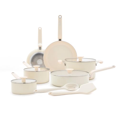 Image of GreenPan Rio Advanced 12 Piece Cookware Set, Ceramic Nonstick PFAS-Free Pots & Pans with Cooking Utensils, Induction Ready, Dishwasher & Oven Safe, Cream White