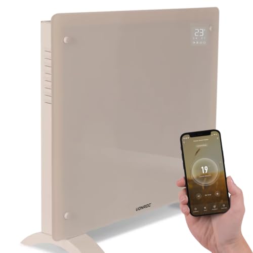 VONROC Chauffage Électrique 1000W - Panneau Verre Beige- Wi-Fi & Manuel - LED, Thermostat, Minuterie, Sécurité Enfants - Silencieux, Convecteur Design pour...