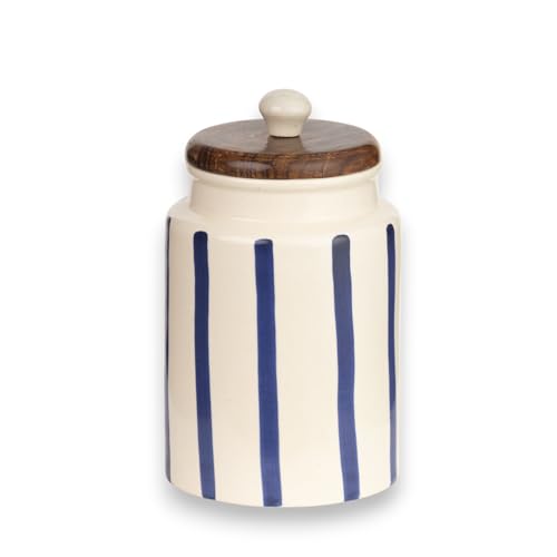 Image of Airtight Ceramic Jar - 900ml Each - Wooden Lid - Kitchen Containers for Sugar, Tea, Salt, Pickles, Pulses & More (Blue Lines)