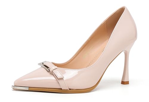 Women's Pointed Toe Stiletto Heels Slip-On Dress Pumps with Buckle Detail