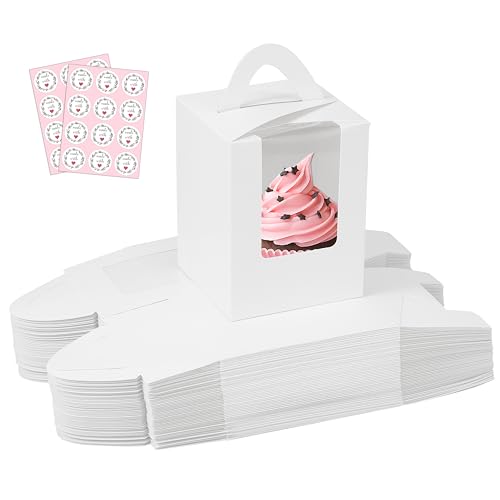 KGVZPT 60 Packs White Cupcake Boxes Carriers with Window&Inserts Handle,3.5x3.5x4.5 Inch,Portable,Individual Cupcake Containers Cardboard Holders for Cookies,Donuts,Candy,Muffins(with Stickers)