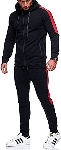 Chándal de diseñador para hombre, 2 piezas, ajuste delgado, elástico, ajuste corporal, cordón con cremallera, parte superior y pantalones de chándal S-XL, negro/rojo, L Cover