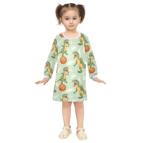 Dino Basketball Girls Dresses Long Sleeve Sweatshirt Dress for Girls Winter Toddler Casual A Line Dresses Size 2-8T4